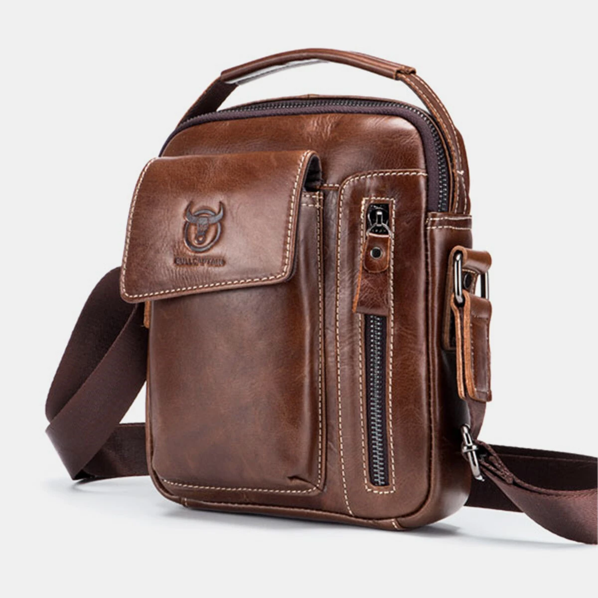 BULLCAPTAIN Genuine Leather Business Messenger Bag Retro Mini Vintage Shoulder Bag Crossbody Bag for Men Multi-functional Leather Mobile Phone Bags (image for) BULLCAPTAIN Genuine Leather Business Messenger Bag Retro Mini Vintage Shoulder Bag Crossbody Bag for Men Multi-functional Leather Mobile Phone Bags
